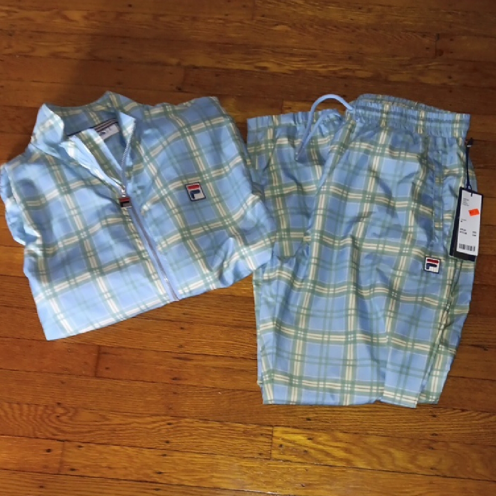 FILA Light Blue and Pale Green Plaid Track Jacket & Shorts